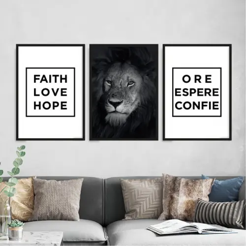 3 Quadros Digitais - Leão Ore Espere Confie Faith Love Hope