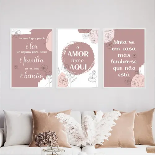 3 Quadros Digitais - o Amor Mora Aqui Sinta-se em Casa Rosa