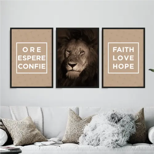 3 Quadros Digitais - Leão Ore Espere Confie Faith Love Hope