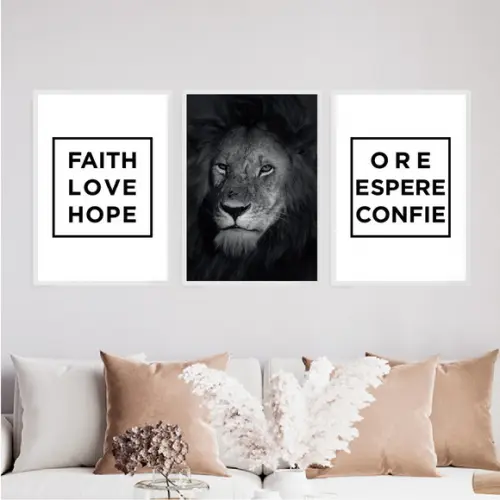 3 Quadros Digitais - Leão Ore Espere Confie Faith Love Hope