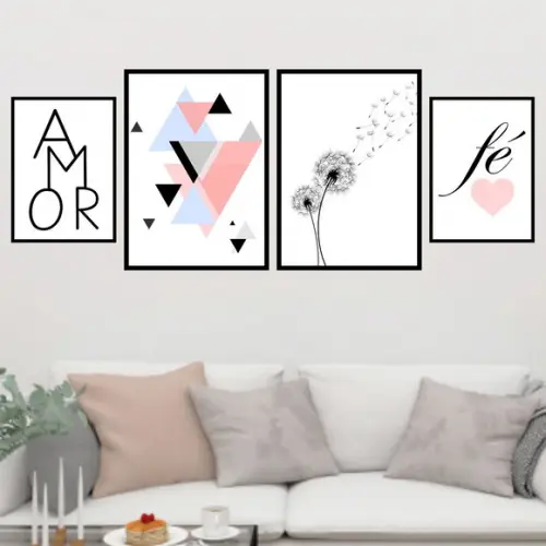 4 Quadros Digitais - Amor Triângulos Dente de Leão Fé