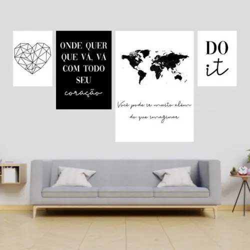 4 Quadros Digitais - Do It Preto E Branco Mapa Mundi