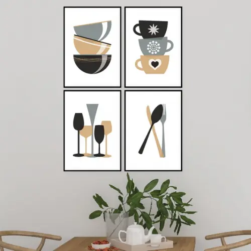 4 Quadros Digitais - Cozinha Tigelas Xícaras Taças Talheres