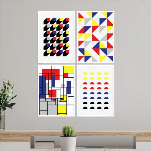 4 Quadros Digitais - Bauhaus Cubos Triângulos Semi Círculos