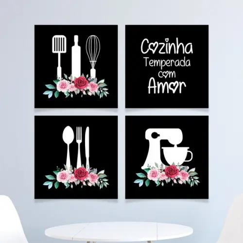4 Quadros Digitais - Cozinha temperada com amor Flores Rosa