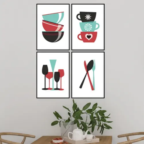 4 Quadros Digitais - Cozinha Tigelas Xícaras Taças Talheres
