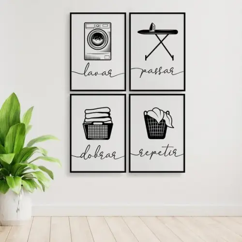 4 Quadros Digitais - Lavanderia Preto E Branco -lavar Passar