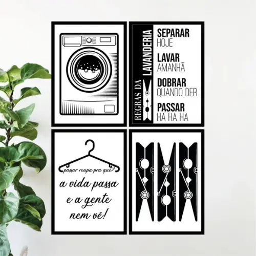4 Quadros Digitais - Lavanderia Preto e Branco