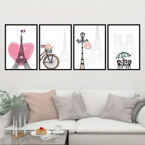 4 Quadros Digitais - Torre Eiffel Bistrô Paris Bicicleta