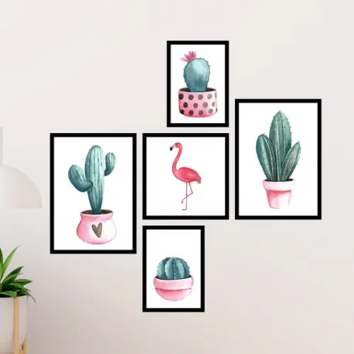 5 Quadros Digitais - Cactos Flamingo - Rosa