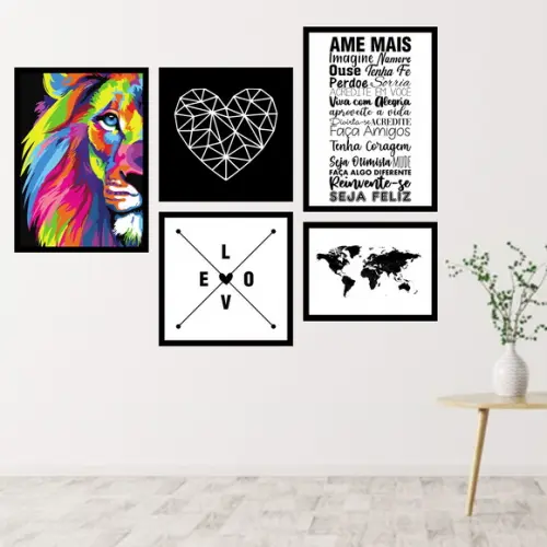 5 Quadros Digitais - Ame Mais Leão Coração Mapa Love