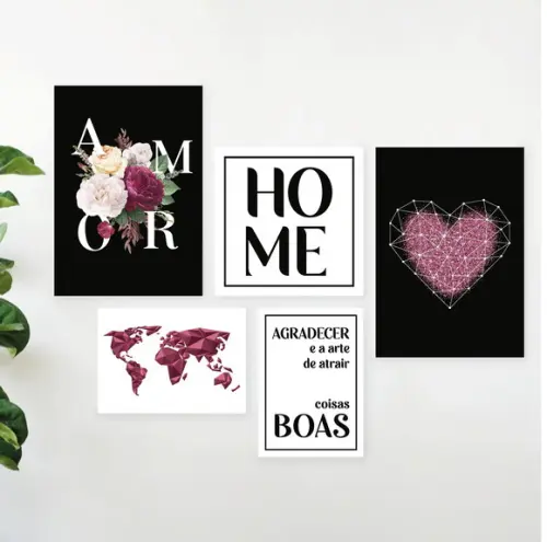 5 Quadros Digitais - Amor Flor Coração Glitter Mapa Home