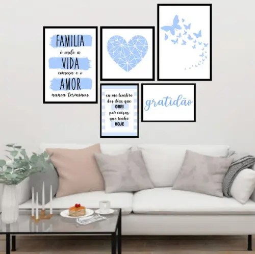 5 Quadros Digitais - Família Orei Coração Gratidão Azul