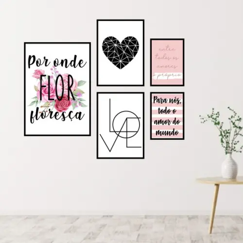 5 Quadros Digitais - Floresça Coração Love Amor