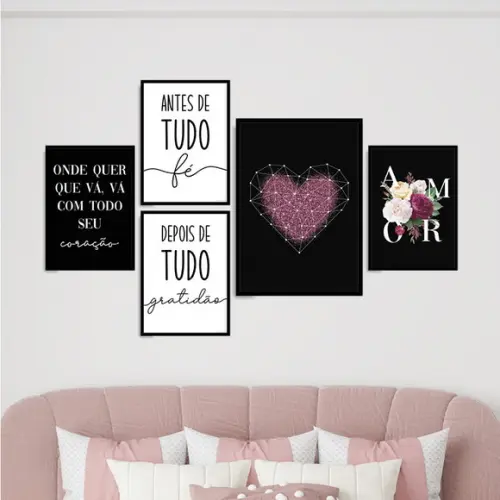 5 Quadros Digitais - Fé Gratidão Coração Glitter Amor Flor