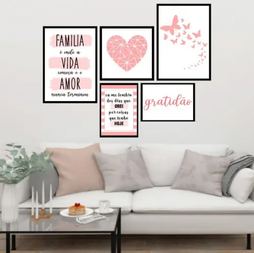 5 Quadros Digitais - Família Orei Coração Gratidão Rosa