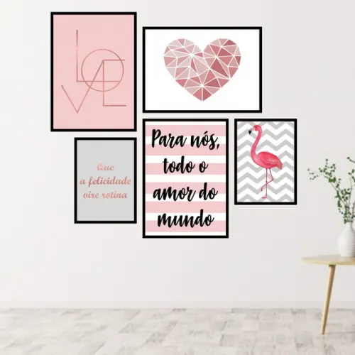 5 Quadros Digitais - Love Coração Flamingo Felicidade