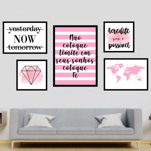 5 Quadros Digitais - Não Coloque Limite Nos Seus Sonhos Rosa