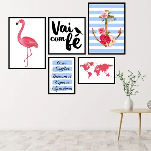 5 Quadros Digitais - Vai com fé Âncora Flamingo Azul