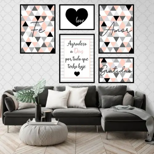 5 Quadros Digitais - Triângulos Fé Amor Gratidão Salmon