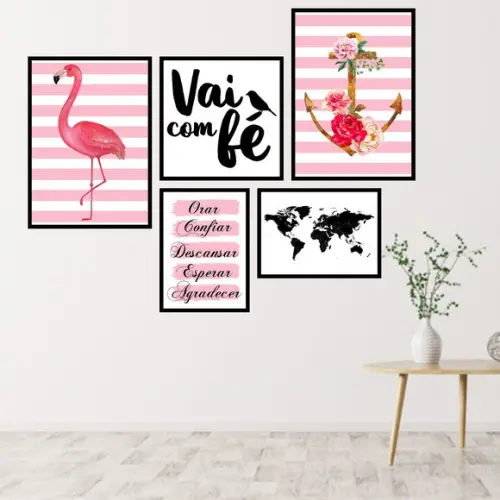 5 Quadros Digitais - Vai com fé Âncora Flamingo Rosa