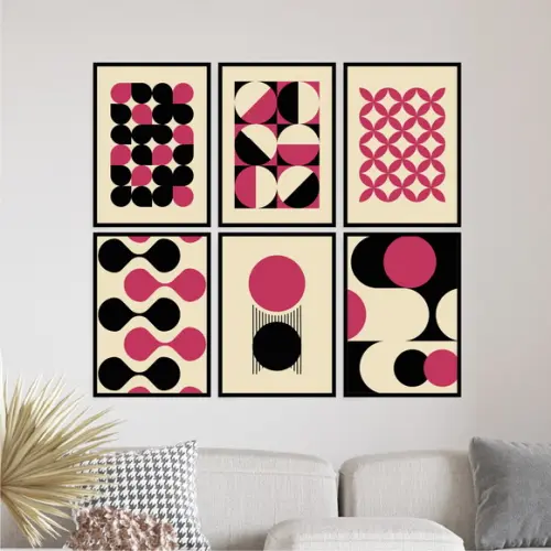6 Quadros Digitais - Bauhaus Abstrato - Bege Magenta e Preto