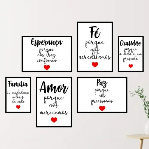 6 Quadros Digitais - Esperança Amor Paz Família Gratidão Fé