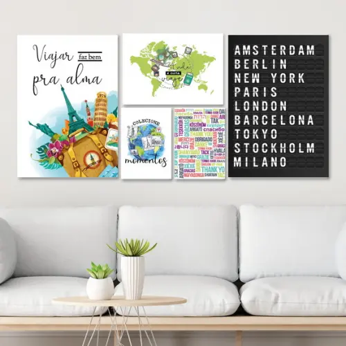 5 Quadros Digitais - Viajar faz bem pra alma Mundo Aquarela