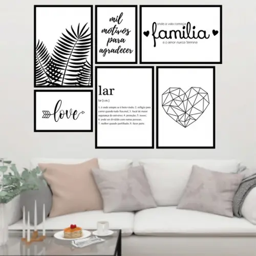 6 Quadros Digitais - Love Flecha Folhas Família Lar Coração