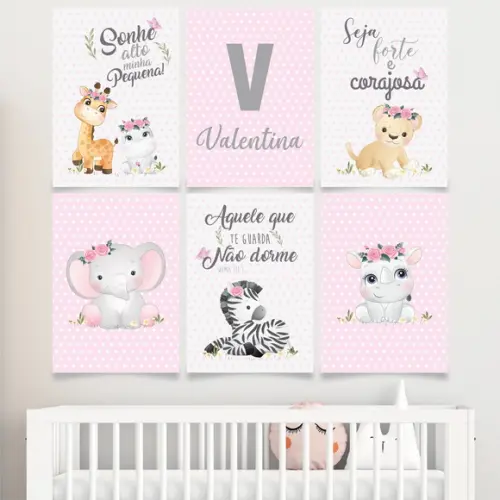 6 Quadros Digitais - Safari Baby Rosa Aquarela com Nome