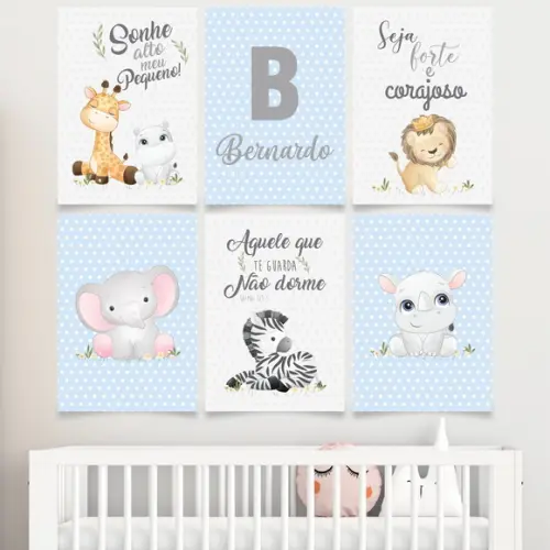 6 Quadros Digitais - Safari Baby Azul Aquarela com Nome