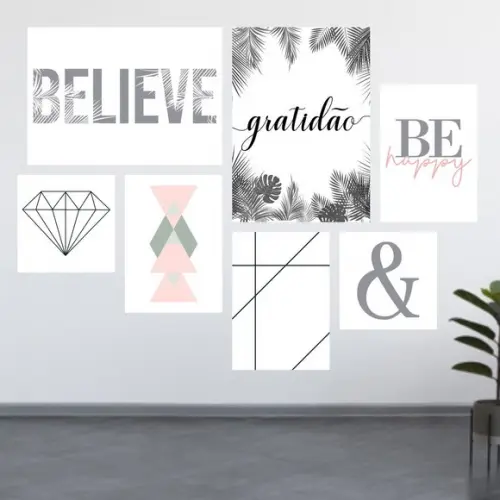 7 Quadros Digitais - Gratidão Folhas Believe Be Happy Rosa