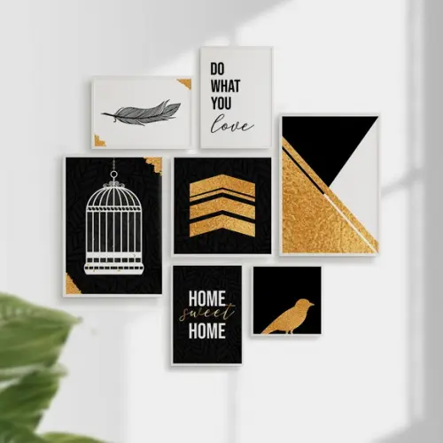 7 Quadros Digitais -Dourado e Preto Gaiola Pássaros Home