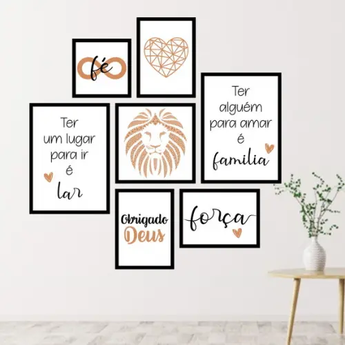 7 Quadros Digitais - Leão Lar Benção Obrigado Deus Fé Marrom