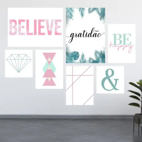 7 Quadros Digitais - Gratidão Folhas Believe Be Happy Turque
