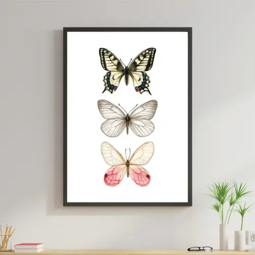 Arte Digital Quadro - 3 Borboletas Preto Branco E Rosa