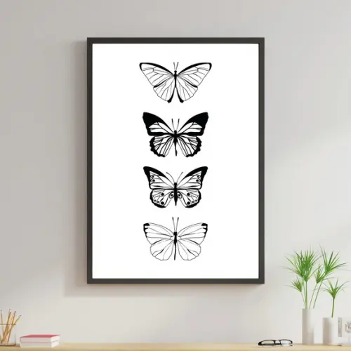 Arte Digital Quadro - 4 Borboletas Preto E Branco