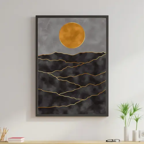 Arte Digital Quadro - Abstrato Boho Dourado Preto Lua