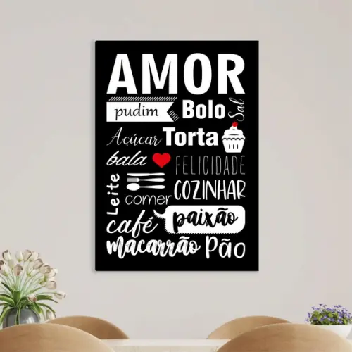 Arte Digital Quadro - Amor Bolo - Comidas Preto e Branco