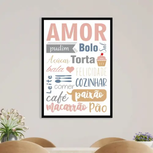 Arte Digital Quadro - Amor Bolo - Comidas Branco e Rosa