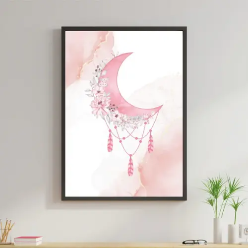 Arte Digital Quadro - Apanhador de sonhos Lua Rosa Aquarela