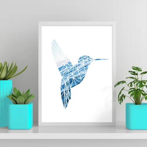 Arte Digital Quadro - Beija-flor Geométrico Mar