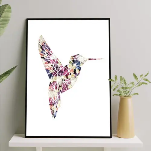 Arte Digital Quadro - Beija-flor Geométrico Flores