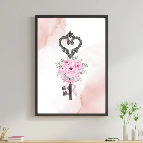 Arte Digital Quadro - Chave Flores Rosa Aquarela