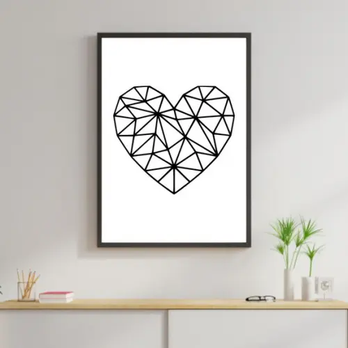 Arte Digital Quadro - Coração Geométrico Preto Fundo Branco