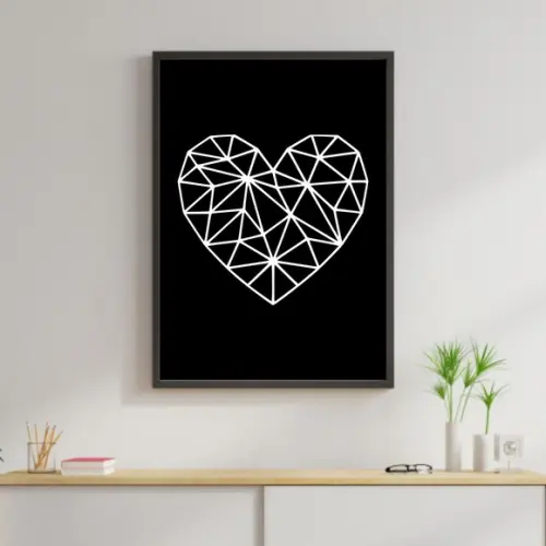 Arte Digital Quadro - Coração Geométrico Branco Fundo Preto