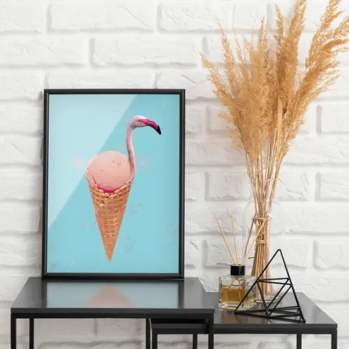 Arte Digital Quadro - Flamingo no Sorvete fundo azul