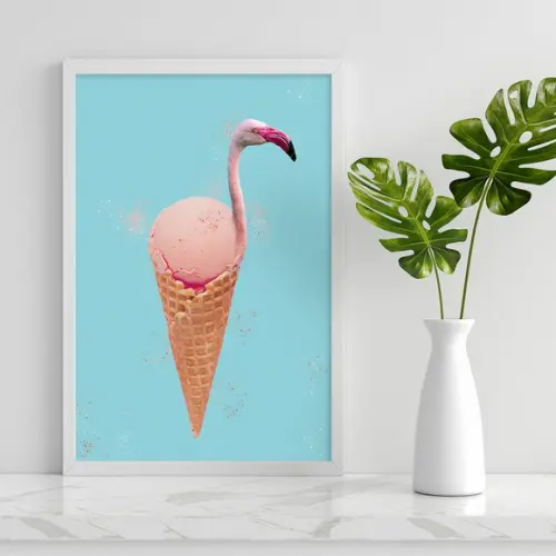Arte Digital Quadro - Flamingo no Sorvete fundo azul