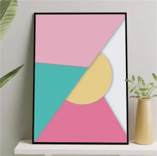 Arte Digital Quadro - Geométrico - Rosa Turquesa e Amarelo