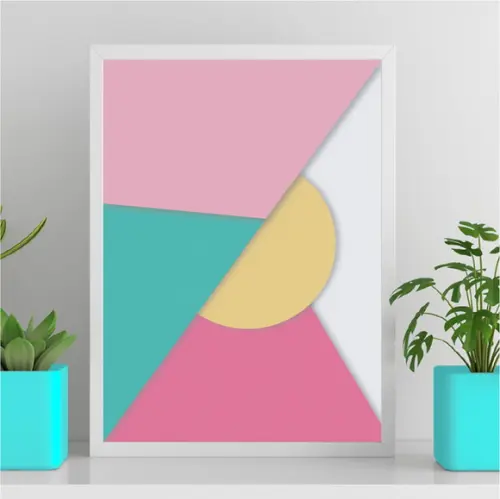 Arte Digital Quadro - Geométrico - Rosa Turquesa e Amarelo
